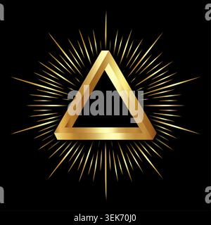 Sacred Geometry, gold mystical infinity symbol, Impossible triangle. Penrose optical illusion. Vector illustration isolated on black background Stock Vector