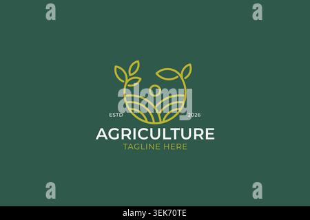 modern agriculture logo design template with minimalist lineart farm field sun and green leaves for organic eco friendly business Stock Vector