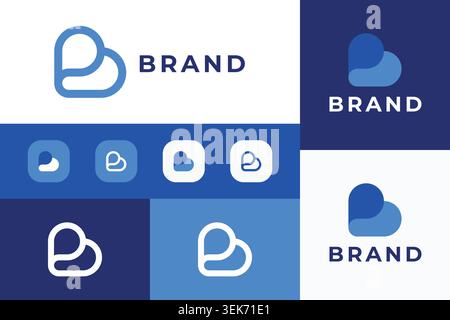 modern letter b monogram logo design template with minimalist lineart and blue shape overlay for tech startup mobile app brand Stock Vector