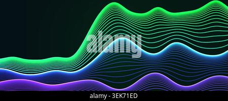 Wavy Upward Lines Glowing Blue Green Violet Neon Futuristic Style. Financial Growth Wave Flow. Digital Market Finance Statistic Stock Profit Graphic Stock Vector