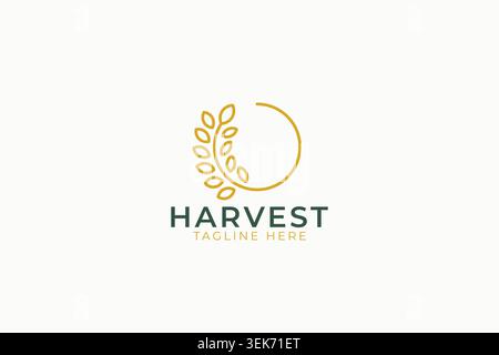 minimalist harvest wheat logo design template with lineart circle grain and gold stalk for bakery organic food business Stock Vector