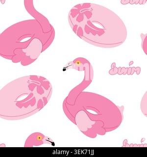 Seamless Pattern with Pink Flamingo and Floral Swim Rings. Summer Pool Party Background. Stock Vector