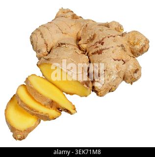 Big ginger root and slices on white background Stock Photo