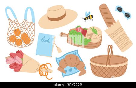 Summer Picnic Vector Set with Cute Hand Drawn Elements Isolated on White Stock Vector