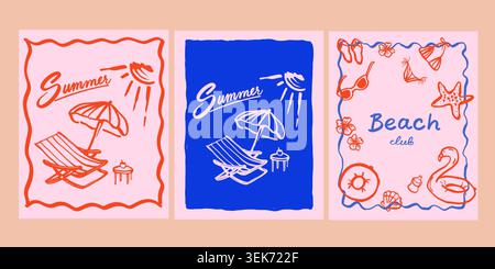 Three hand drawn summer beach posters with lounge chair umbrella and nautical icons Stock Vector