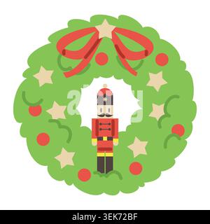 Light Green Christmas Wreath with Red Bow and a Nutcracker Flat Illustration Stock Vector