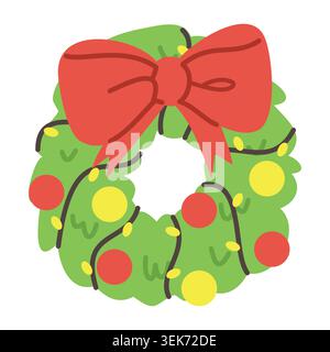 Light Green Christmas Wreath with Red Bow and Lights Flat Illustration Stock Vector
