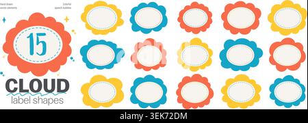 Fluffy cloud label shapes set with wavy edges. Soft rounded frames for badges. Cute playful sticker collection Stock Vector
