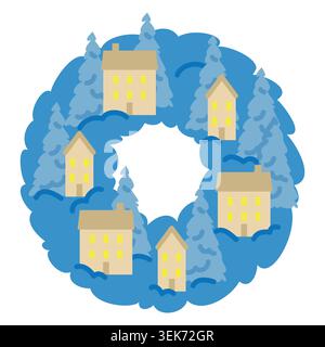 Winter Village Wreath with Houses and Snowy Trees Flat Illustration Stock Vector