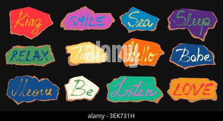 Scrapbook torn paper stickers vector set. Funky 70s groovy lettering text labels. Grunge Y2k retrowave text labels. Positive phrases and playful funky Stock Vector