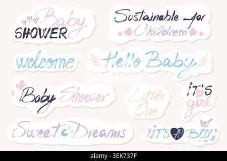 Baby shower brush stroke calligraphy stickers vector set. Hello baby typography badges. Grunge pastel hand drawn lettering labels for nursery decor Stock Vector