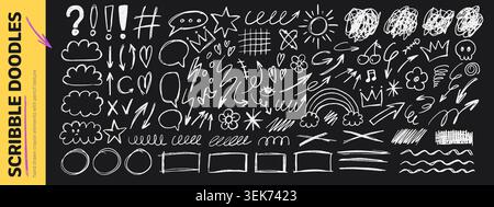 Hand drawn crayon doodle set with scribble arrows, circles and clouds. Rough chalk and pencil texture in playful retro style Stock Vector