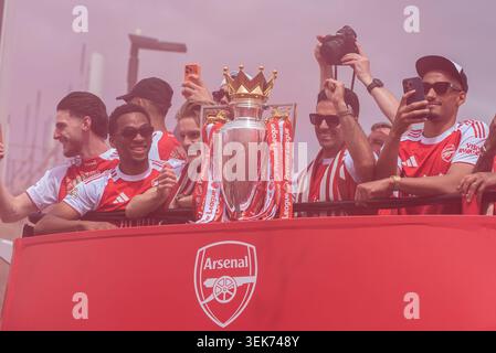 Arsenal players at the Arsenal Champions Parade on Holloway Road, Islington, London, UK, celebrating winning the Premier League 2026. Open top bus Stock Photo