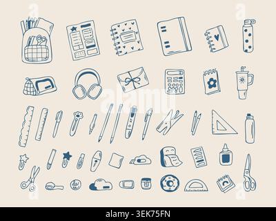 Hand drawn school supplies doodle set. education stationery and study essentials collection Stock Vector