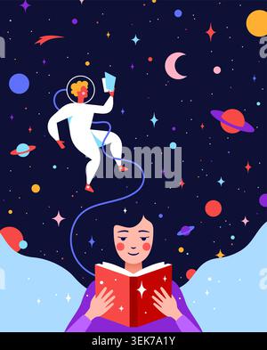 Book, Imagination, Dreams. Girl reading Stock Vector