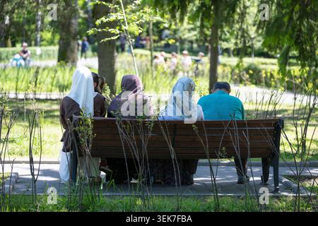 A horizontal medium shot from behind of four unrecognizable people, including women wearing traditional hijab headscarves, relaxing and talking on a w Stock Photo