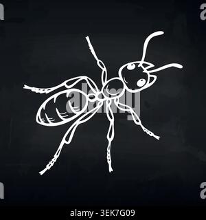 Black and white illustration of an ant with detailed anatomical features, including segmented body, antennae, and legs, set against a dark background Stock Vector