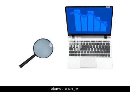 Laptop on a white background displaying a stock market chart with a magnifying glass, symbolizing financial analysis, investment research, trading and Stock Photo