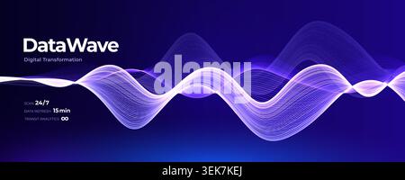 AI Data Flow, Music Sound Wave Line, Digital Transformation Background. Big Data Encryption Graphic Design Concept. Abstract Neon Futuristic Light Stock Vector