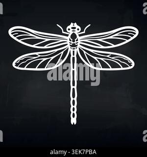 White outline illustration of a dragonfly on a black background, showcasing intricate wing patterns and body details in a minimalist design style Stock Vector