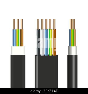 3D flat and round cable with insulated copper conductors. Front view, vector illustration. Stock Vector