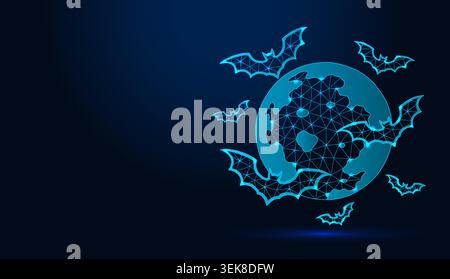 Low poly wireframe bats flying around full moon on dark blue background. Stock Vector