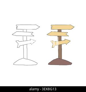 Wooden directional signpost standing on mound. Hand drawn Blank Directional Arrows on Pole. Vector graphic illustration isolated, white background Stock Vector
