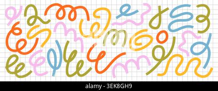 Bold brush squiggle set with thick hand drawn wavy lines and curly doodle strokes. Rough grunge swirls and abstract marks in funky naive style. Playfu Stock Vector