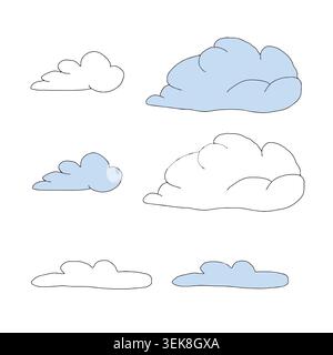 Set of clouds vector graphic illustration. Hand drawn various fluffy and abstract cumulus. Doodles for weather apps, cloudscape, children's book Stock Vector