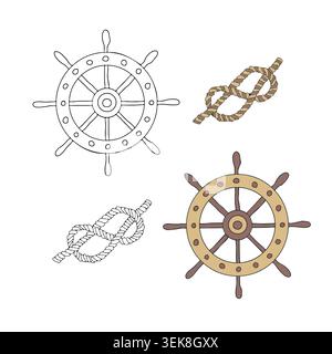 Vintage wooden marine helm and classic rope sailor knot vector graphic illustration. Hand drawn doodle design elements set on white background. For Stock Vector
