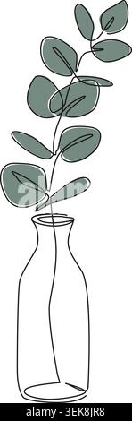 continuous line drawing of single eucalyptus stem in small vase, line art vector illustration Stock Vector
