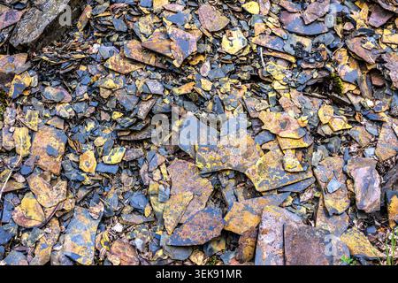 Weathered fragments of slate in shades of rust and ochre on a historic spoil heap from a former slate quarry, Ludwigsstadt, Bavaria, Germany Stock Photo