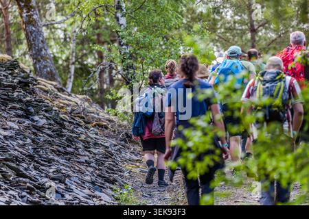 Participants in the 14th Frankenwald Hiking Marathon pass a slate heap along the route near Steinbach am Wald. For centuries, the quarrying of roofing slate was a key industry in the Frankenwald. Ludwigsstadt, Bavaria, Germany Stock Photo