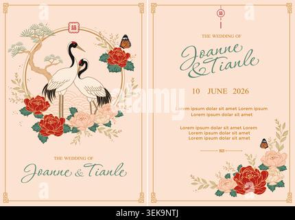 Chinese wedding invitation card template vector featuring a couple of cranes, pine tree, peony flowers, and double happiness symbol. Stock Vector