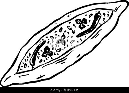 Hand drawn doodle Turkish pide with cheese, minced meat, pepper. Turkey traditional restaurant logo, design element, menu clip art. Sketch vector illu Stock Vector