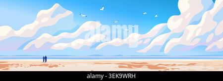 Summer beach landscape wide clouds sky seagulls people walking shoreline sandy coast blue horizon minimalist banner Stock Vector