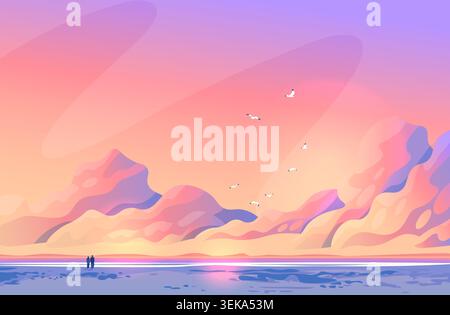 Summer beach sunset landscape mountains pastel colors birds couple walking shoreline abstract sky Stock Vector