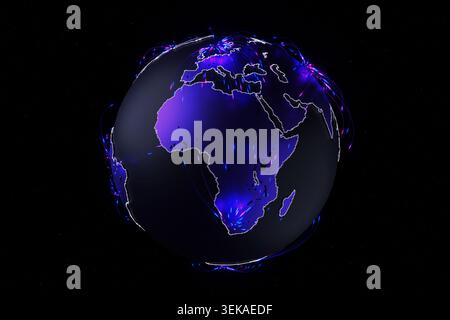 Futuristic 3D globe illustration with glowing neon blue and purple communication lines and networks over stylized Earth continents on a dark space bac Stock Photo
