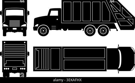 Black garbage truck pictogram set presented from side, front, rear and top view. Vector silhouette technique on white background for waste management Stock Vector