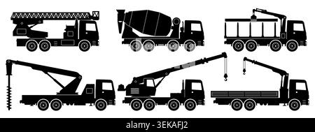 Construction trucks silhouette in black color, side view, flat vector icons for industrial design, isolated illustration Stock Vector