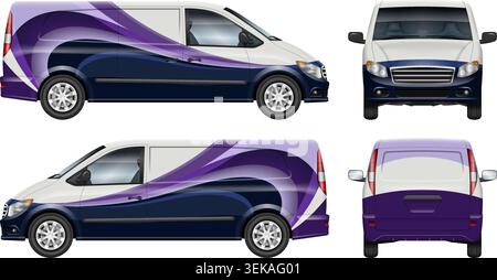 Cargo van branding mockup with abstract purple and dark blue wave design for corporate vehicle livery and commercial transit advertising concept Stock Vector