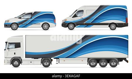 Vector vehicle branding mockup set. Car, van, and semi trailer truck with blue and grey abstract corporate identity wrap design template Stock Vector