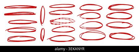 Hand drawn circle highlighter set. Circle, pen draw. Vector marker circular lines, doodle round circles for message note mark design element. Different circles vector illustration. Stock Vector