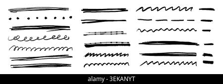 Hand drawn crayon scribble highlight set. Black rough underline strokes, sketch marker lines, wavy doodle accents and brush marks. Vector collection for notes, text emphasis, decoration, design. Stock Vector