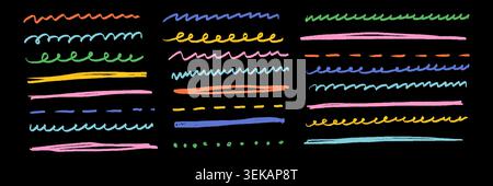 Chalk line vector. Color brush, pencil or crayon texture stroke. Underline paint, hand drawn sketch. Kid scribble. Doodle pastel pen background. Stripe shape line art. Chalk, crayon, brush, pencil Stock Vector
