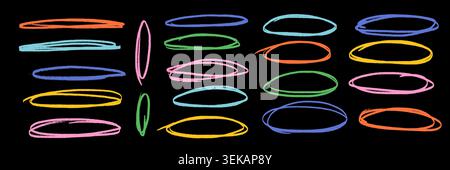 Bright colorful crayon ovals and ellipses set on black background. Hand drawn scribble highlight circles, sketch frames and doodle marks. Vector annotation elements for text emphasis, labels, notes Stock Vector