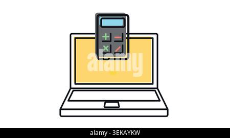 Laptop with calculator icon: portable notebook computer displaying financial tools, modern black line art with offset color fill vector for accounting Stock Vector