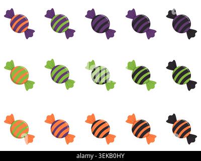 Set of colorful Halloween wrapped candies in orange, purple, green and black. Glossy sweet confection collection isolated on light background. Perfect Stock Vector
