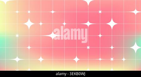 Y2K background with geometric grid pattern and stars, abstract vector gradient design. Retro cyber aesthetic poster template with colorful rainbow tile shapes and seamless texture Stock Vector