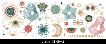 Celestial line art icons of mystical stars, moon phases, abstract wireframes, sun, eye and butterfly symbols. Boho magic vector design elements for spiritual astrology graphics, and esoteric projects Stock Vector